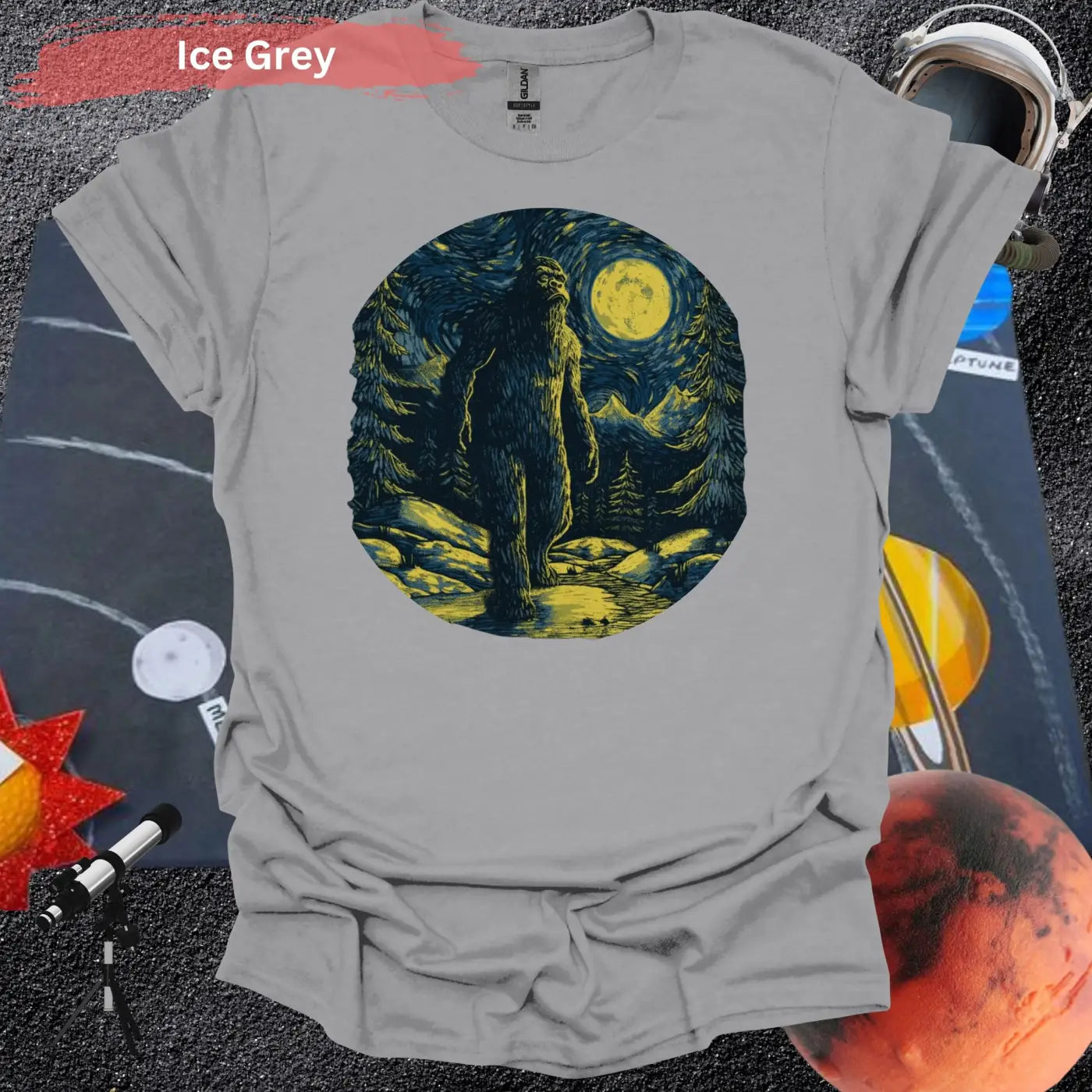 Bigfoot Under Van Gogh’s Starry Sky T-Shirt - S / Ice Grey - Physical Item