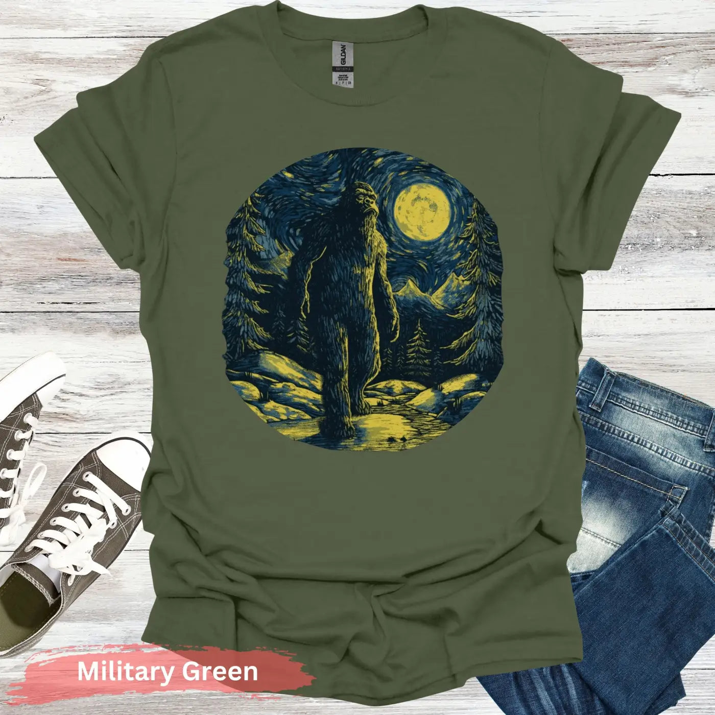 Bigfoot Under Van Gogh’s Starry Sky T-Shirt - S / Military Green - Physical Item