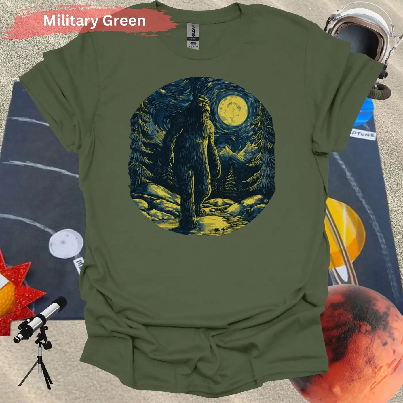 Bigfoot Under Van Gogh’s Starry Sky T-Shirt - S / Military Green - Physical Item