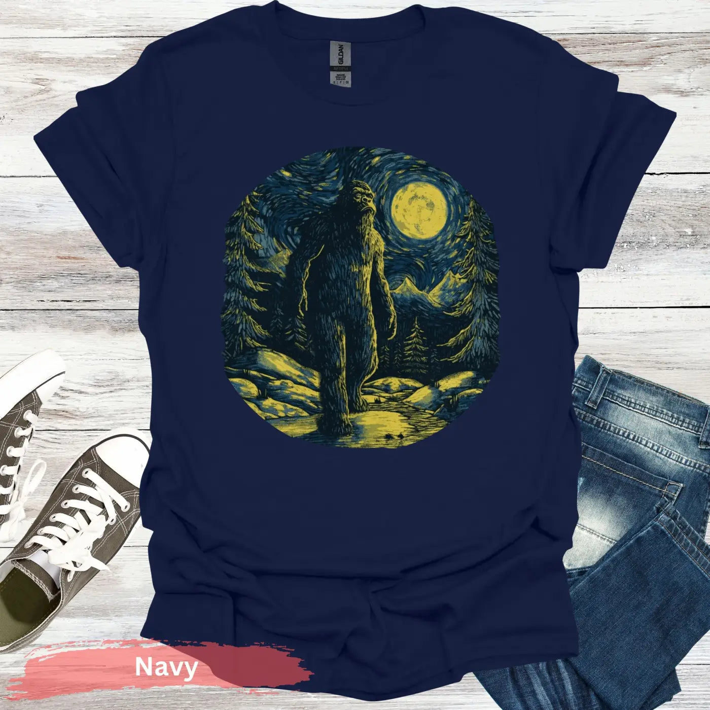Bigfoot Under Van Gogh’s Starry Sky T-Shirt - S / Navy - Physical Item