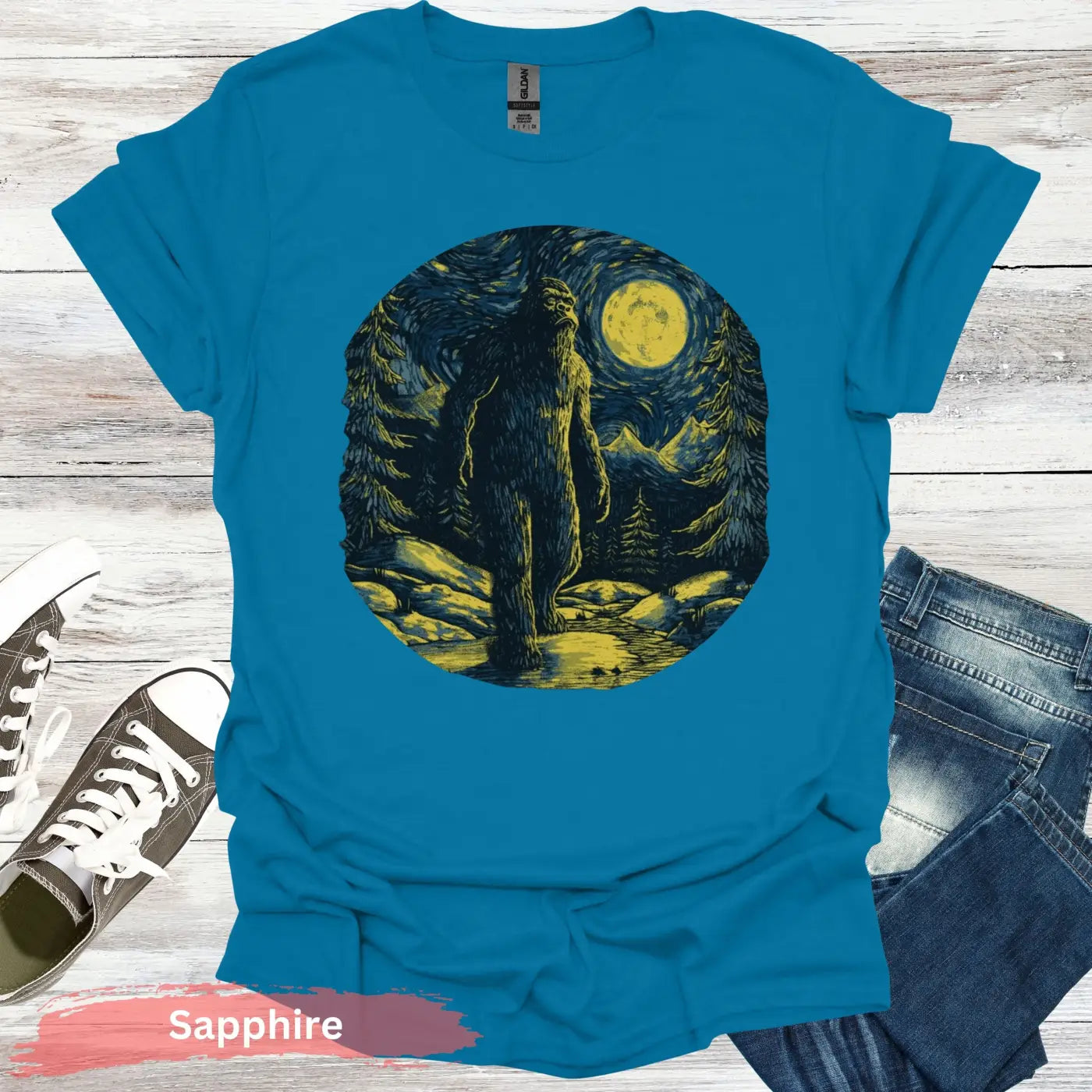Bigfoot Under Van Gogh’s Starry Sky T-Shirt - S / Sapphire - Physical Item