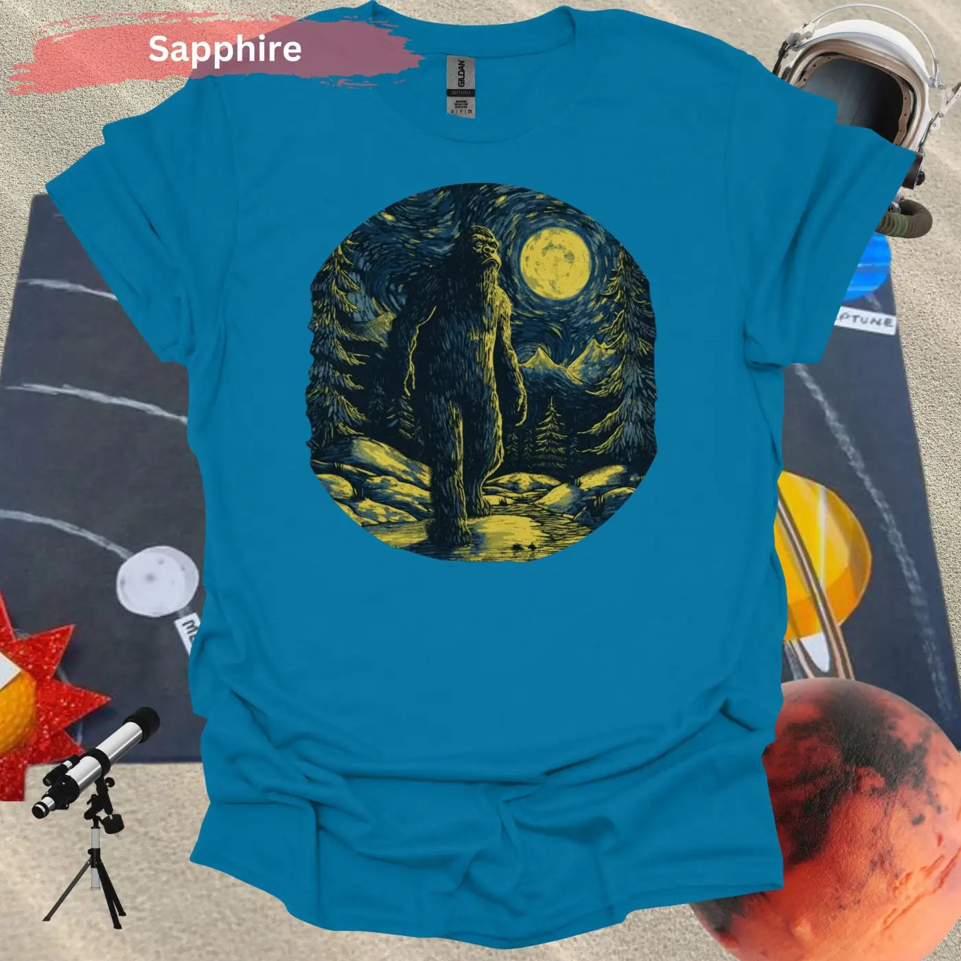 Bigfoot Under Van Gogh’s Starry Sky T-Shirt - S / Sapphire - Physical Item