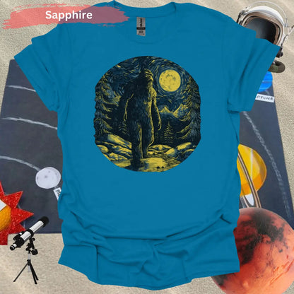 Bigfoot Under Van Gogh’s Starry Sky T-Shirt - S / Sapphire - Physical Item