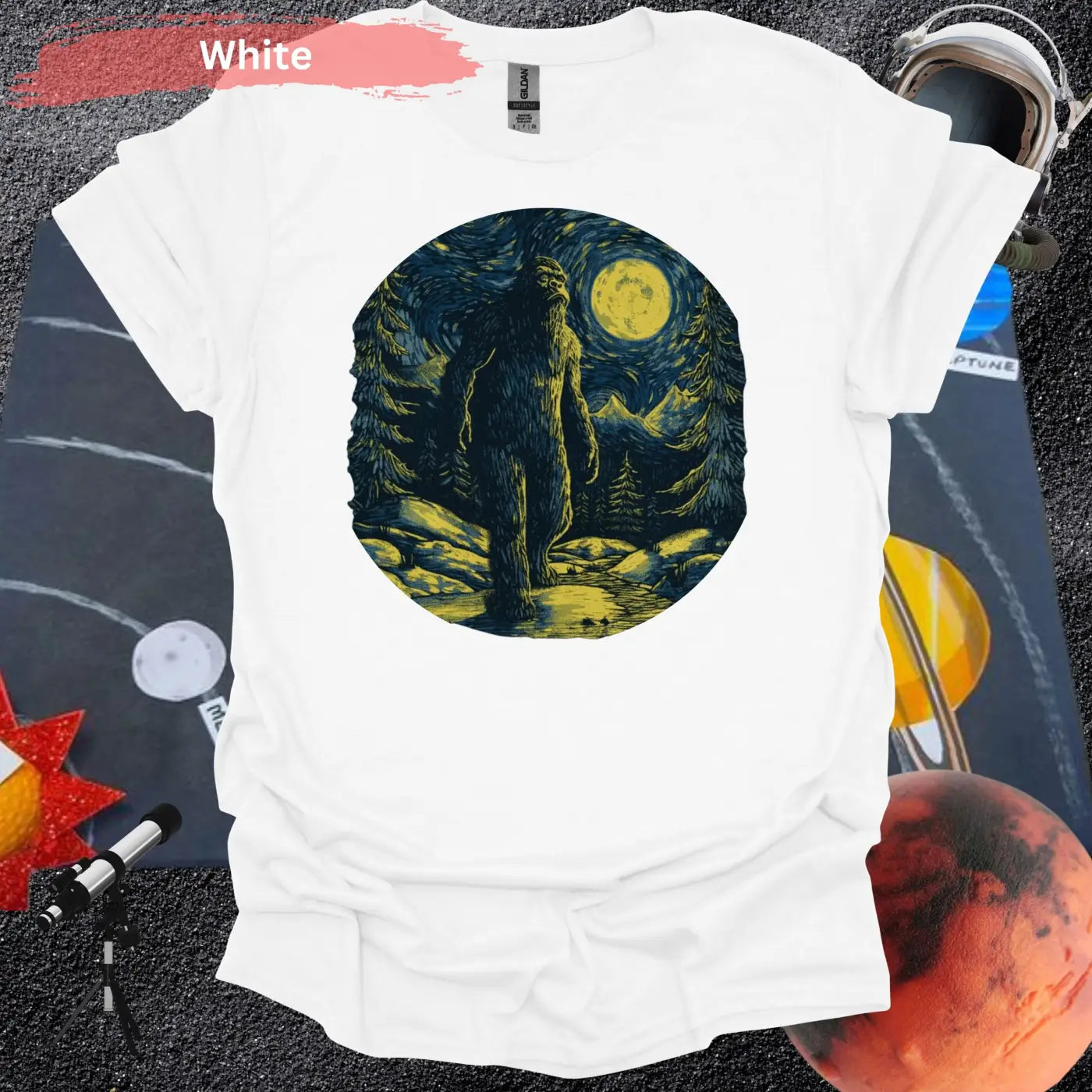 Bigfoot Under Van Gogh’s Starry Sky T-Shirt - S / White - Physical Item