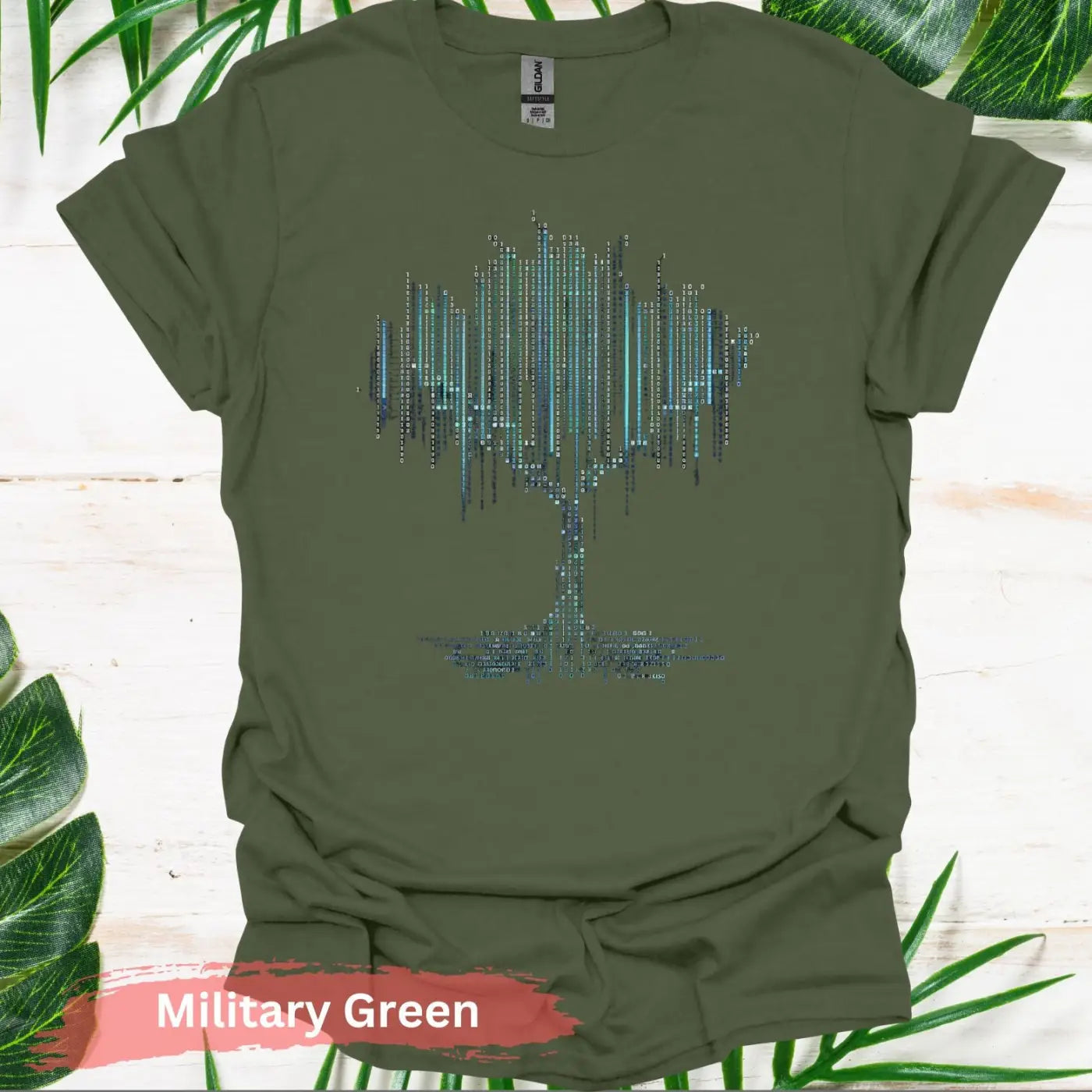 Binary Code Tree T-shirt - S / Military Green - Physical Item