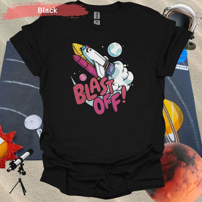 Colorful Blast Off: Vibrant Space Shuttle T-Shirt - S / Black - Physical Item