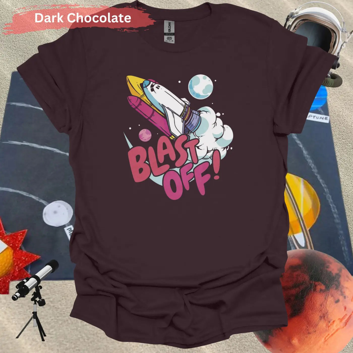 Colorful Blast Off: Vibrant Space Shuttle T-Shirt - S / Dark Chocolate - Physical Item