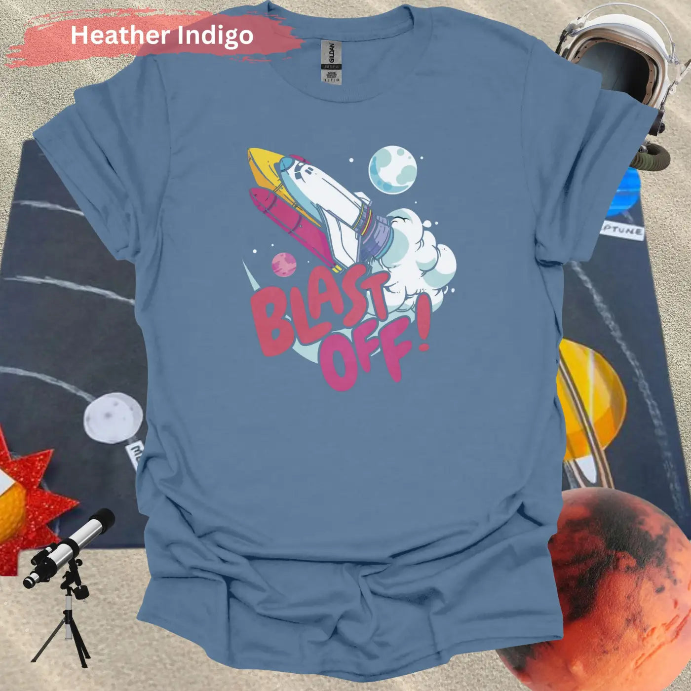 Colorful Blast Off: Vibrant Space Shuttle T-Shirt - S / Heather Indigo - Physical Item