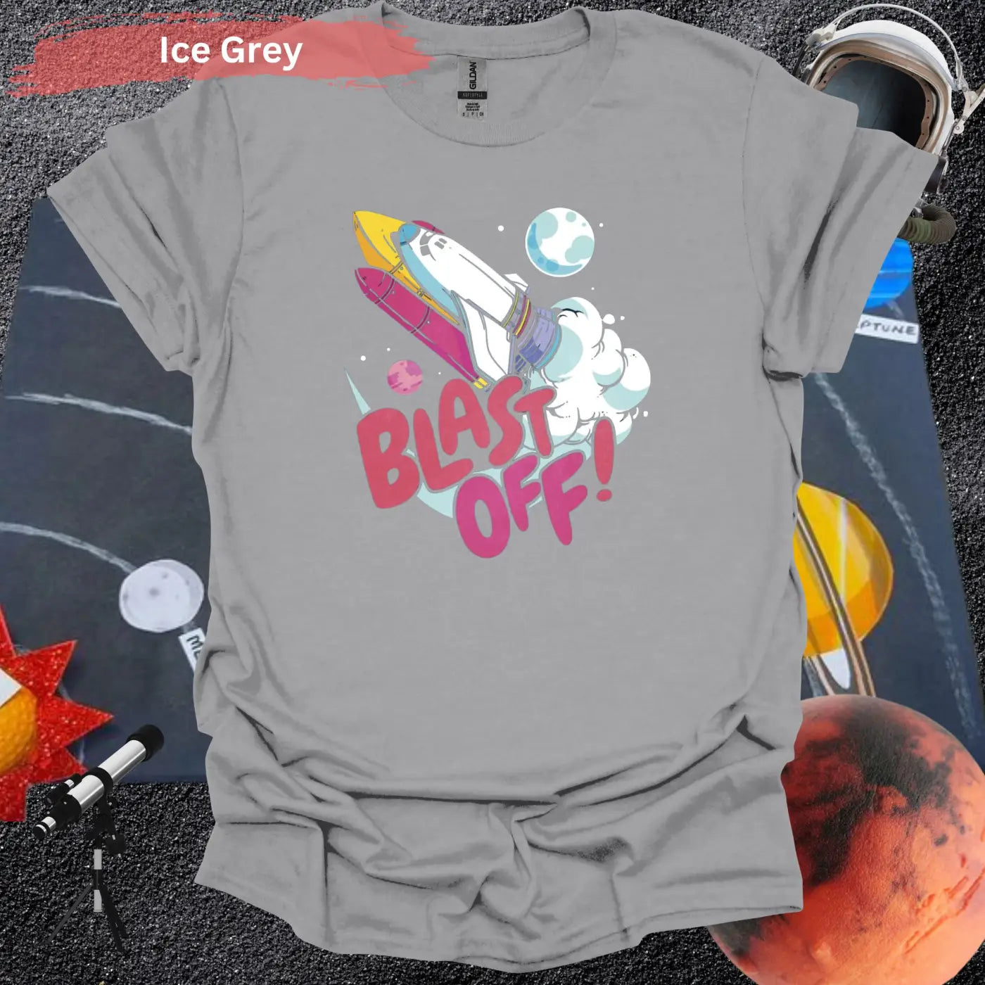 Colorful Blast Off: Vibrant Space Shuttle T-Shirt - S / Ice Grey - Physical Item