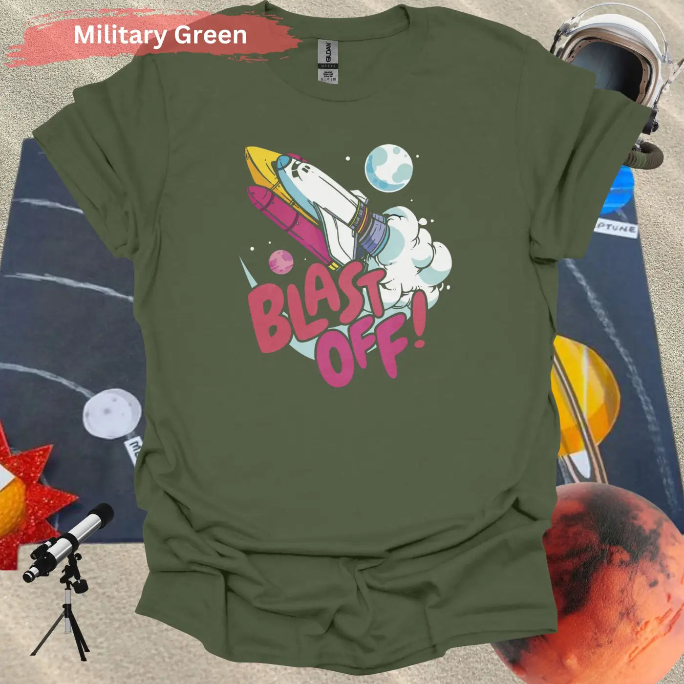 Colorful Blast Off: Vibrant Space Shuttle T-Shirt - S / Military Green - Physical Item