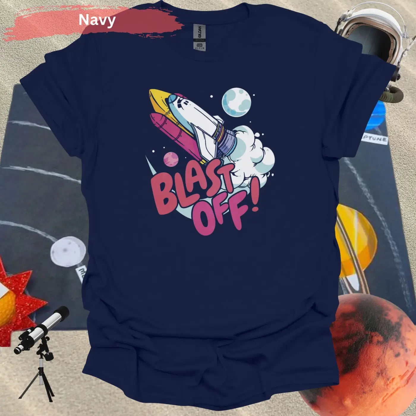 Colorful Blast Off: Vibrant Space Shuttle T-Shirt - S / Navy - Physical Item