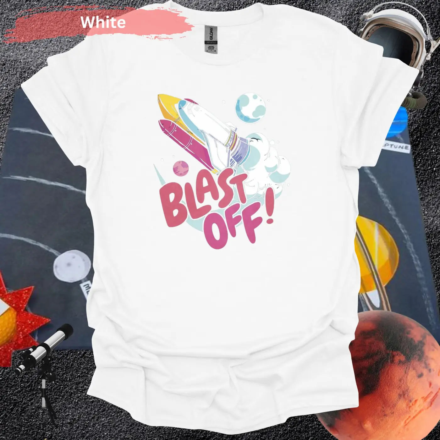 Colorful Blast Off: Vibrant Space Shuttle T-Shirt - S / White - Physical Item