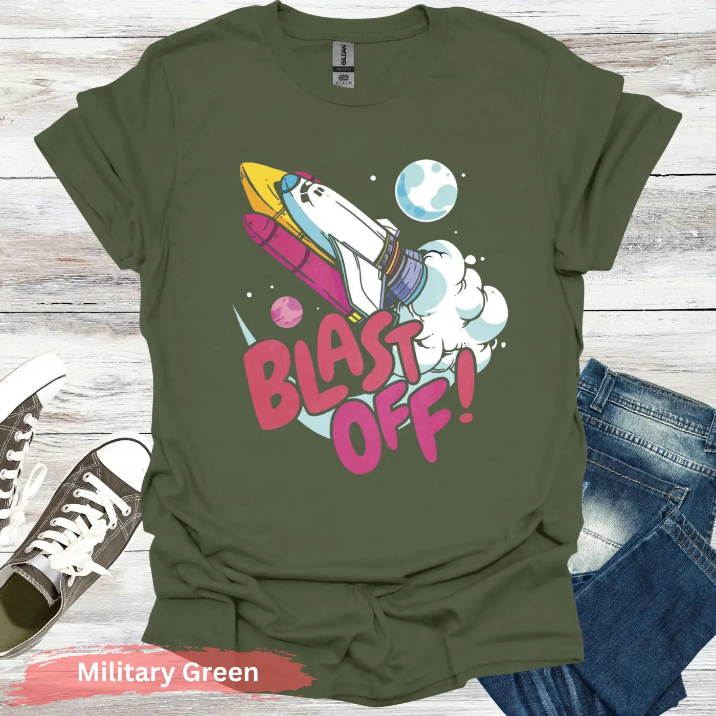Blast Off T-Shirt - S / Military Green - Physical Item