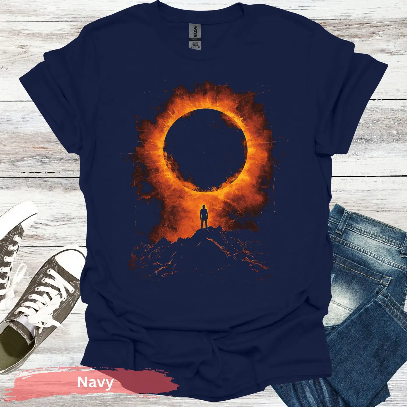 Blazing Solar Eclipse Lone Wanderer T-shirt - S / Navy - Physical Item