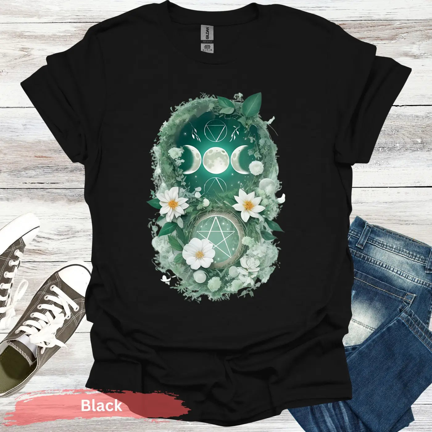 Blooming Moon and Stars Mystical T-Shirt - S / Black - Physical Item