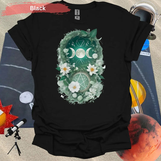 Blooming Moon and Stars Mystical T-Shirt - S / Black - Physical Item