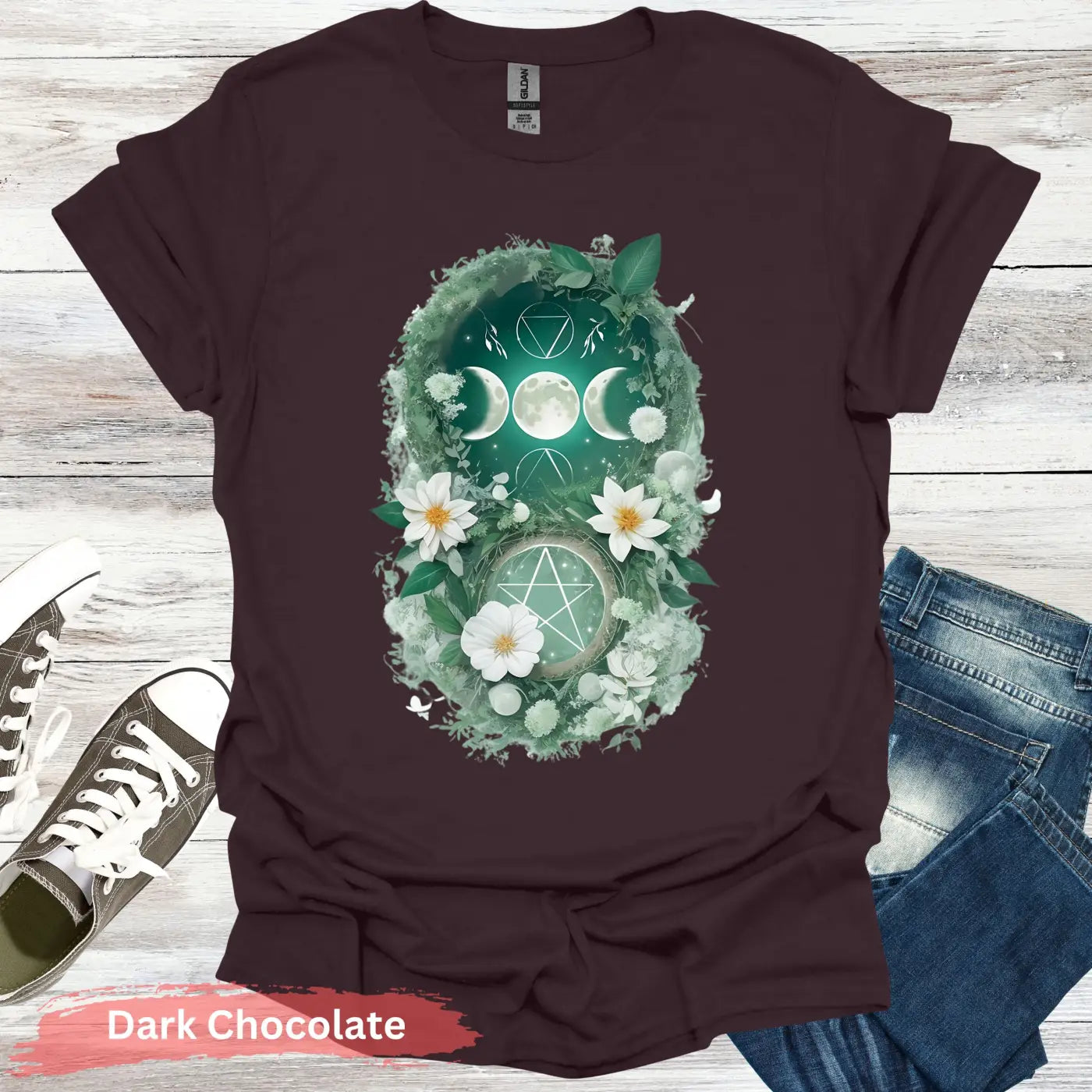 Blooming Moon and Stars Mystical T-Shirt - S / Dark Chocolate - Physical Item
