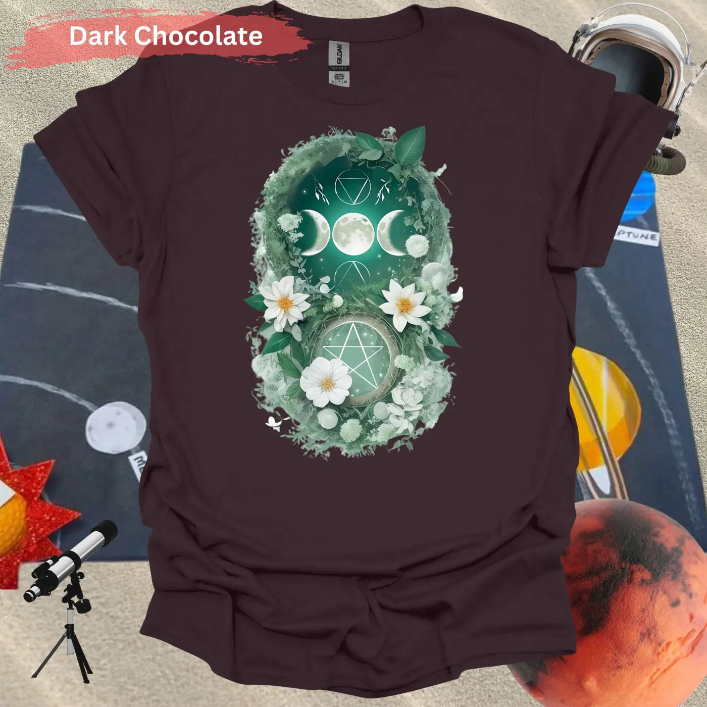 Blooming Moon and Stars Mystical T-Shirt - S / Dark Chocolate - Physical Item