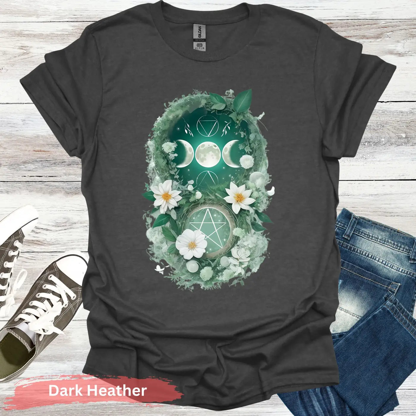 Blooming Moon and Stars Mystical T-Shirt - S / Dark Heather - Physical Item