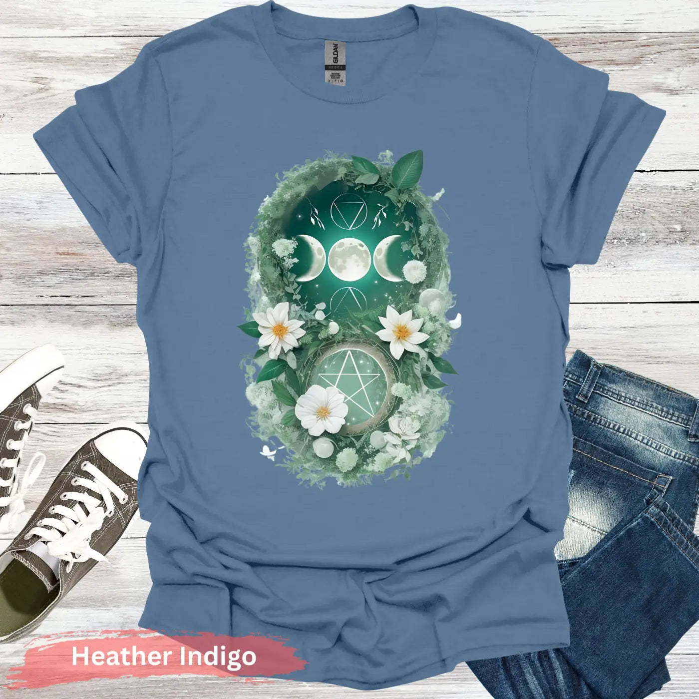 Blooming Moon and Stars Mystical T-Shirt - S / Heather Indigo - Physical Item