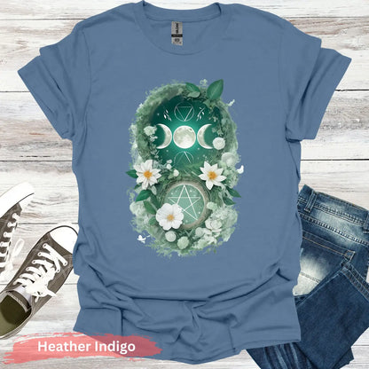 Blooming Moon and Stars Mystical T-Shirt - S / Heather Indigo - Physical Item