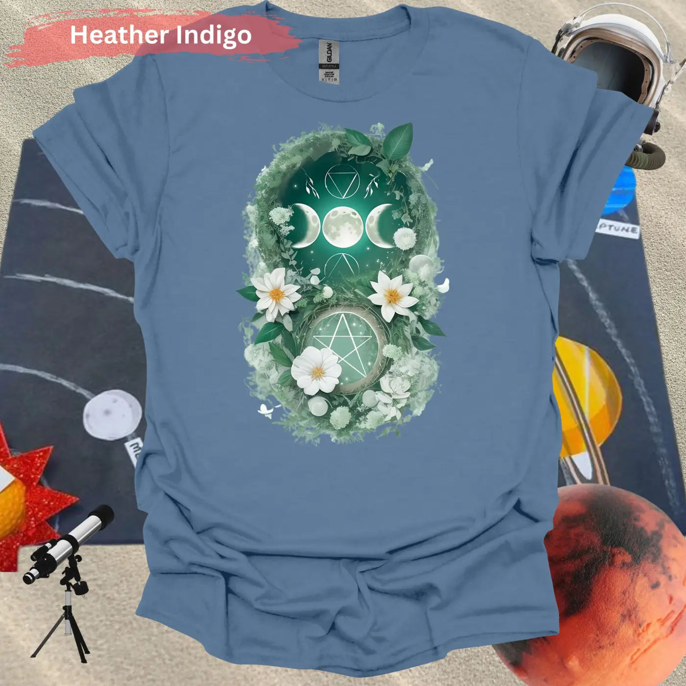 Blooming Moon and Stars Mystical T-Shirt - S / Heather Indigo - Physical Item