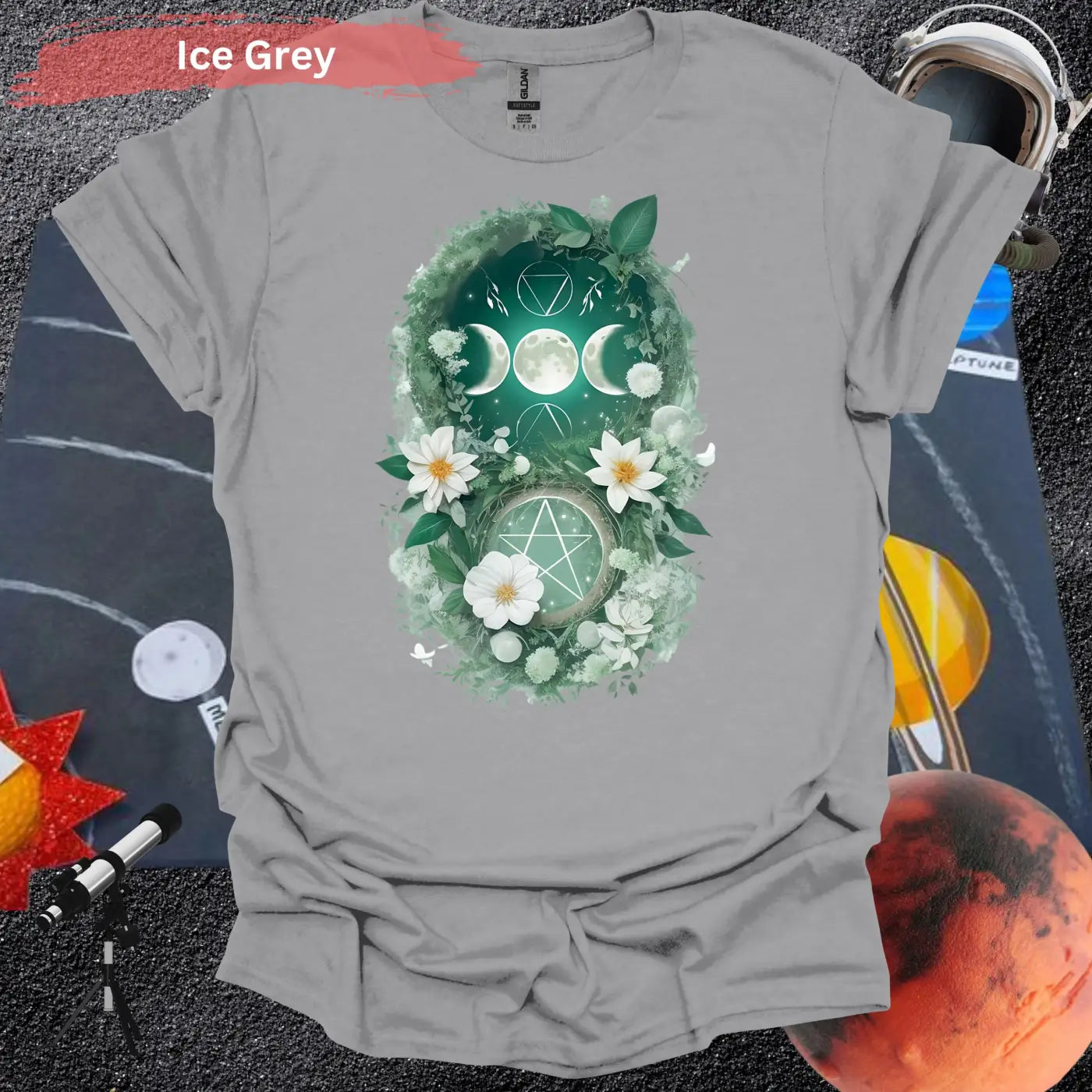 Blooming Moon and Stars Mystical T-Shirt - S / Ice Grey - Physical Item