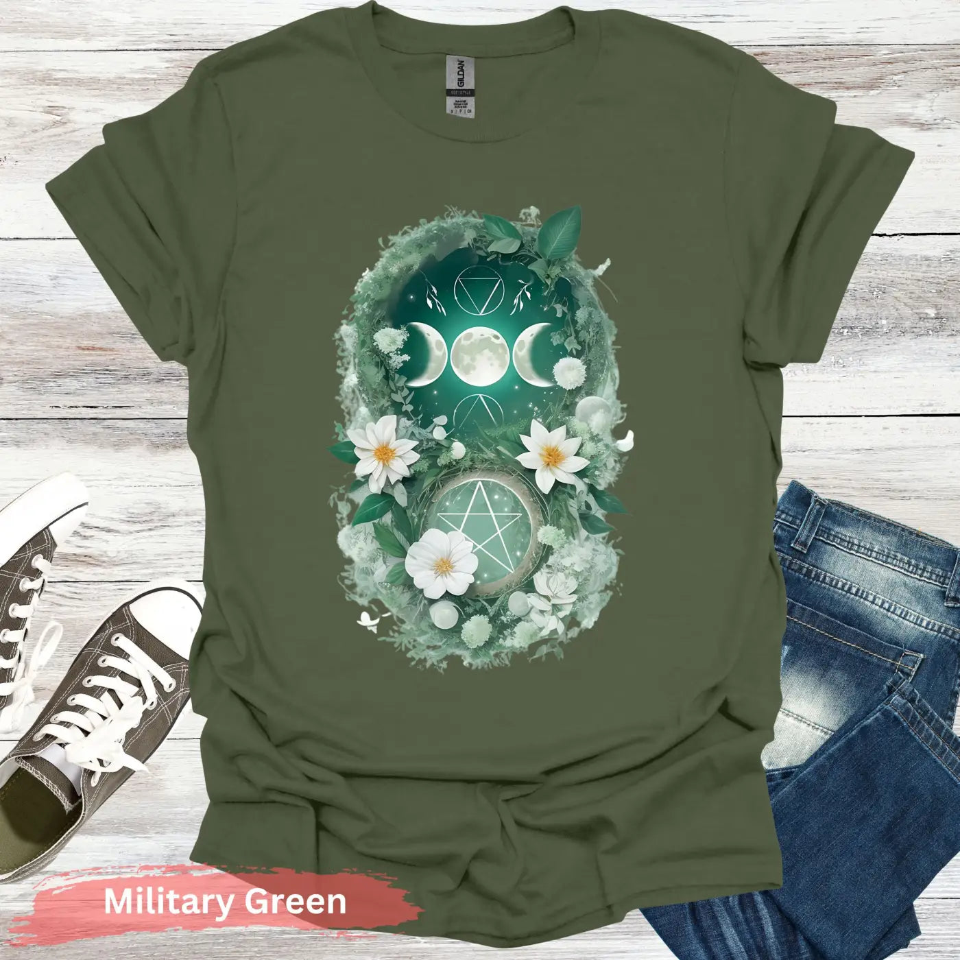 Blooming Moon and Stars Mystical T-Shirt - S / Military Green - Physical Item