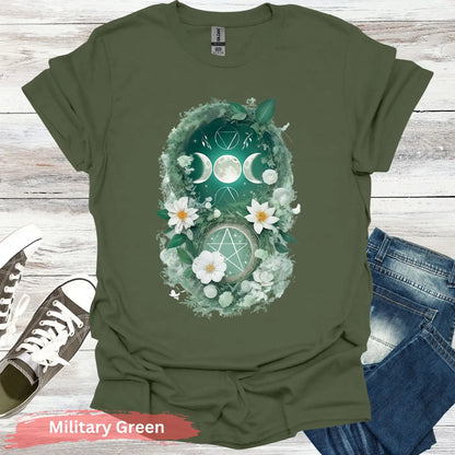 Blooming Moon and Stars Mystical T-Shirt - S / Military Green - Physical Item