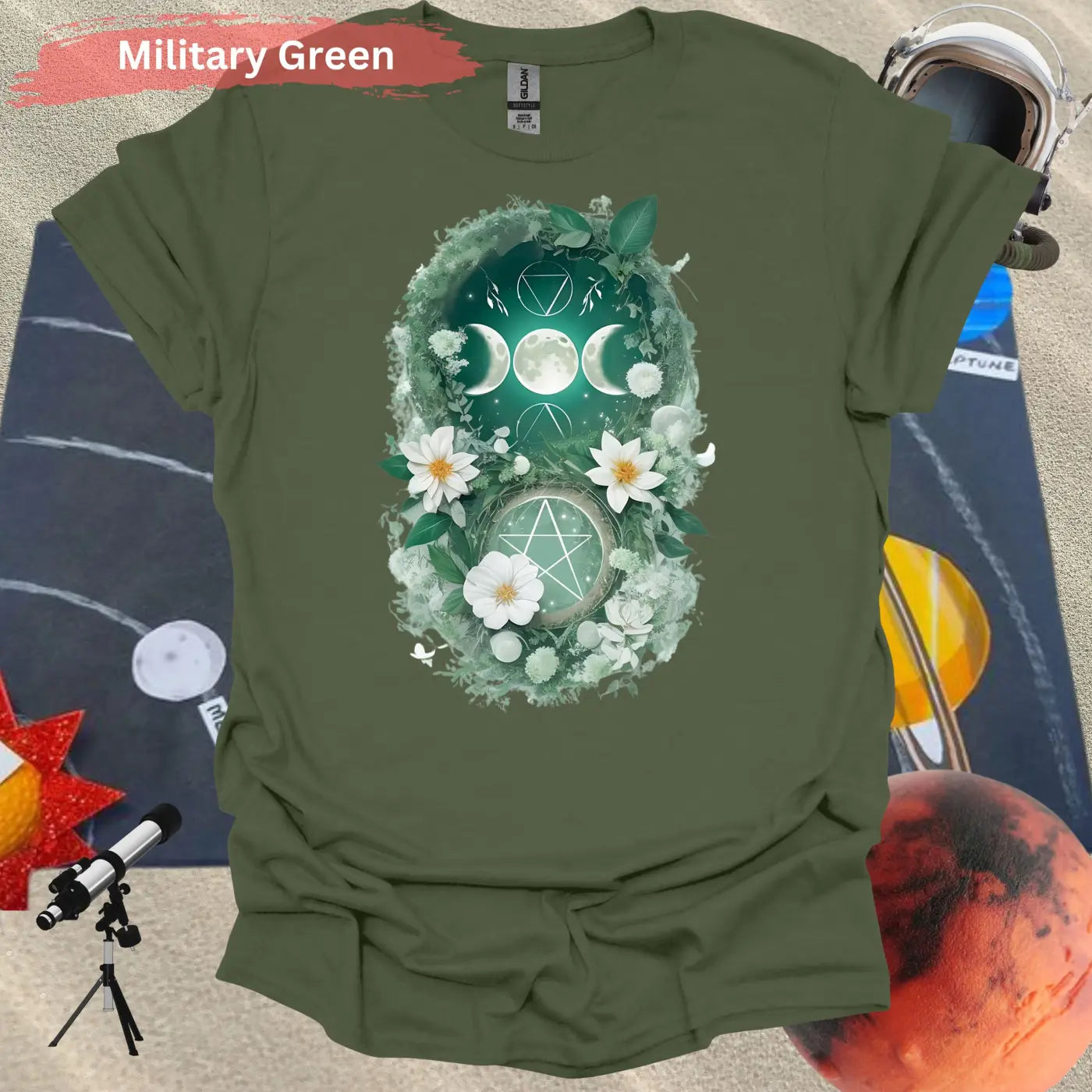 Blooming Moon and Stars Mystical T-Shirt - S / Military Green - Physical Item