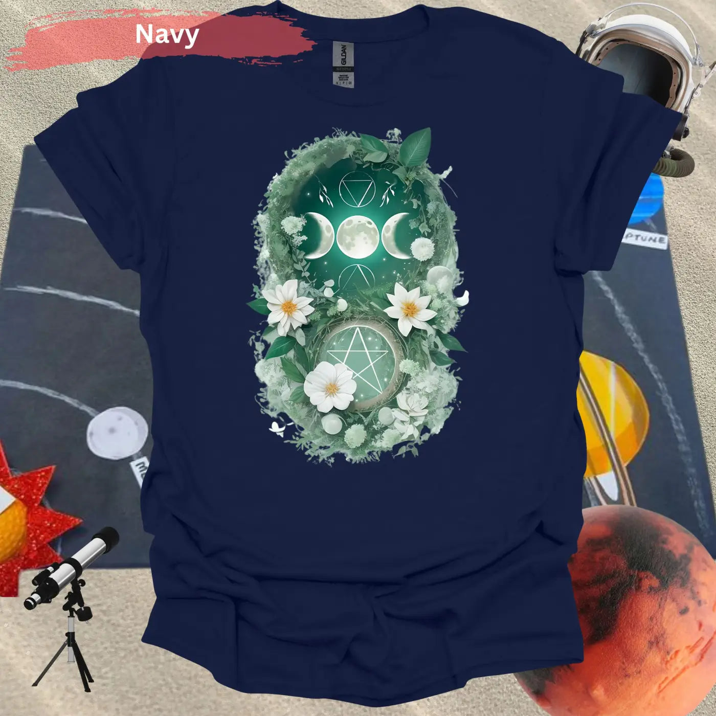 Blooming Moon and Stars Mystical T-Shirt - S / Navy - Physical Item