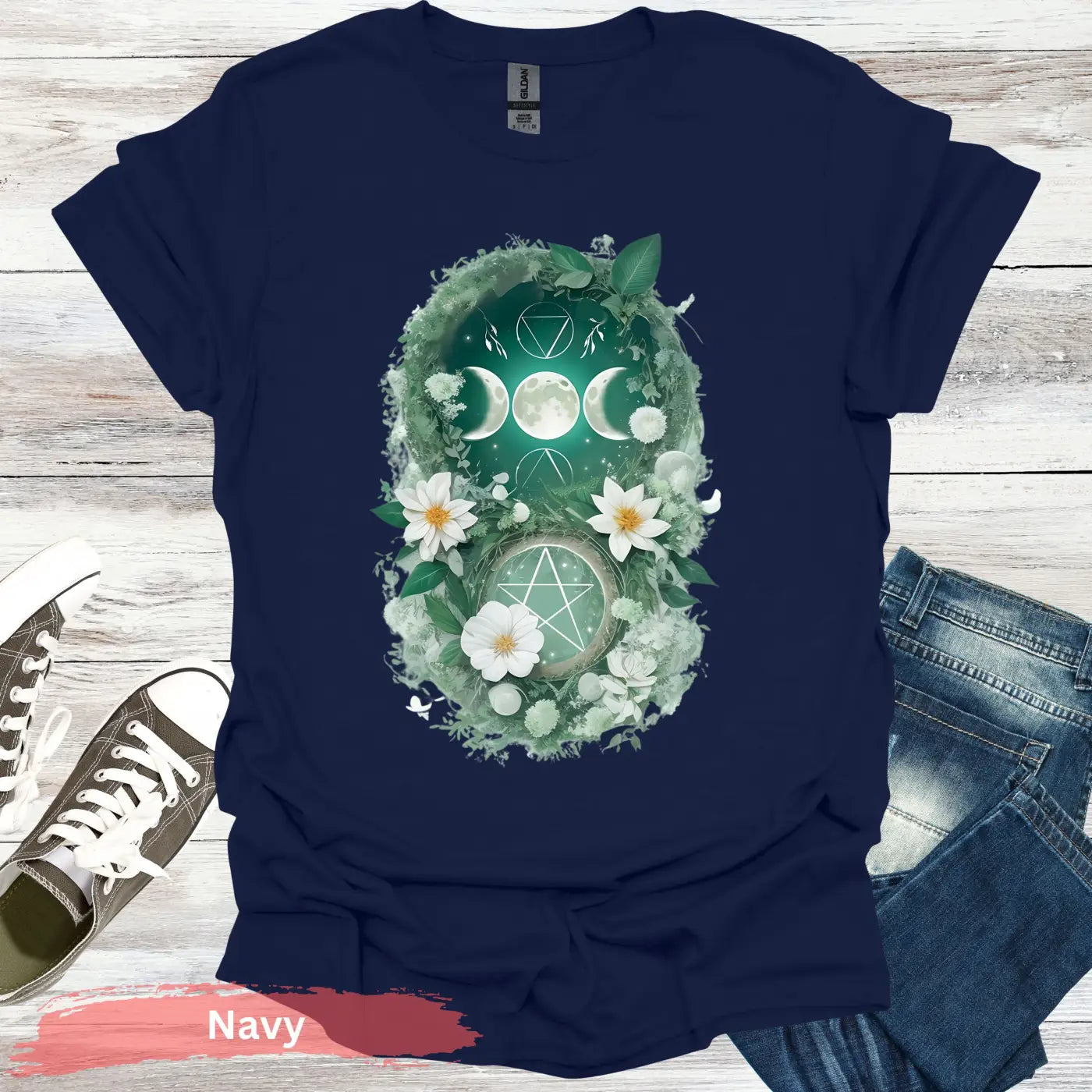 Blooming Moon and Stars Mystical T-Shirt - S / Navy - Physical Item