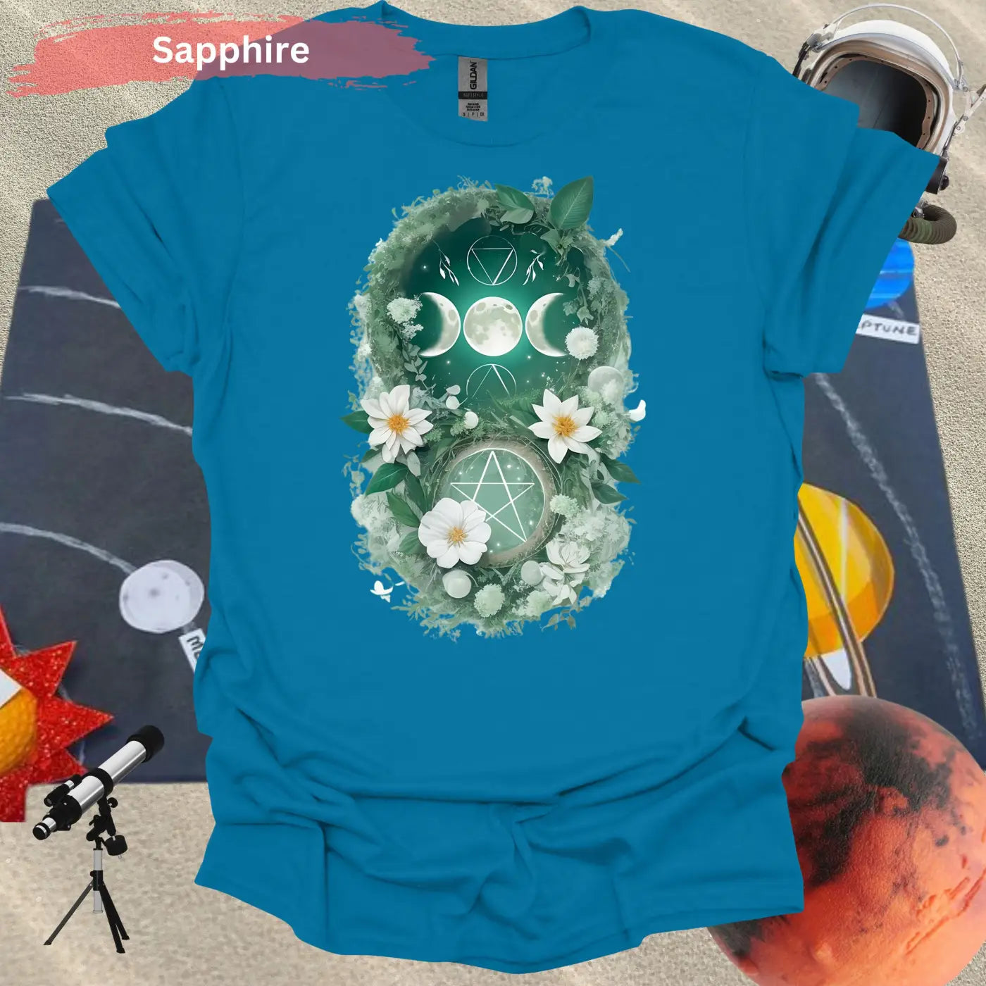 Blooming Moon and Stars Mystical T-Shirt - S / Sapphire - Physical Item