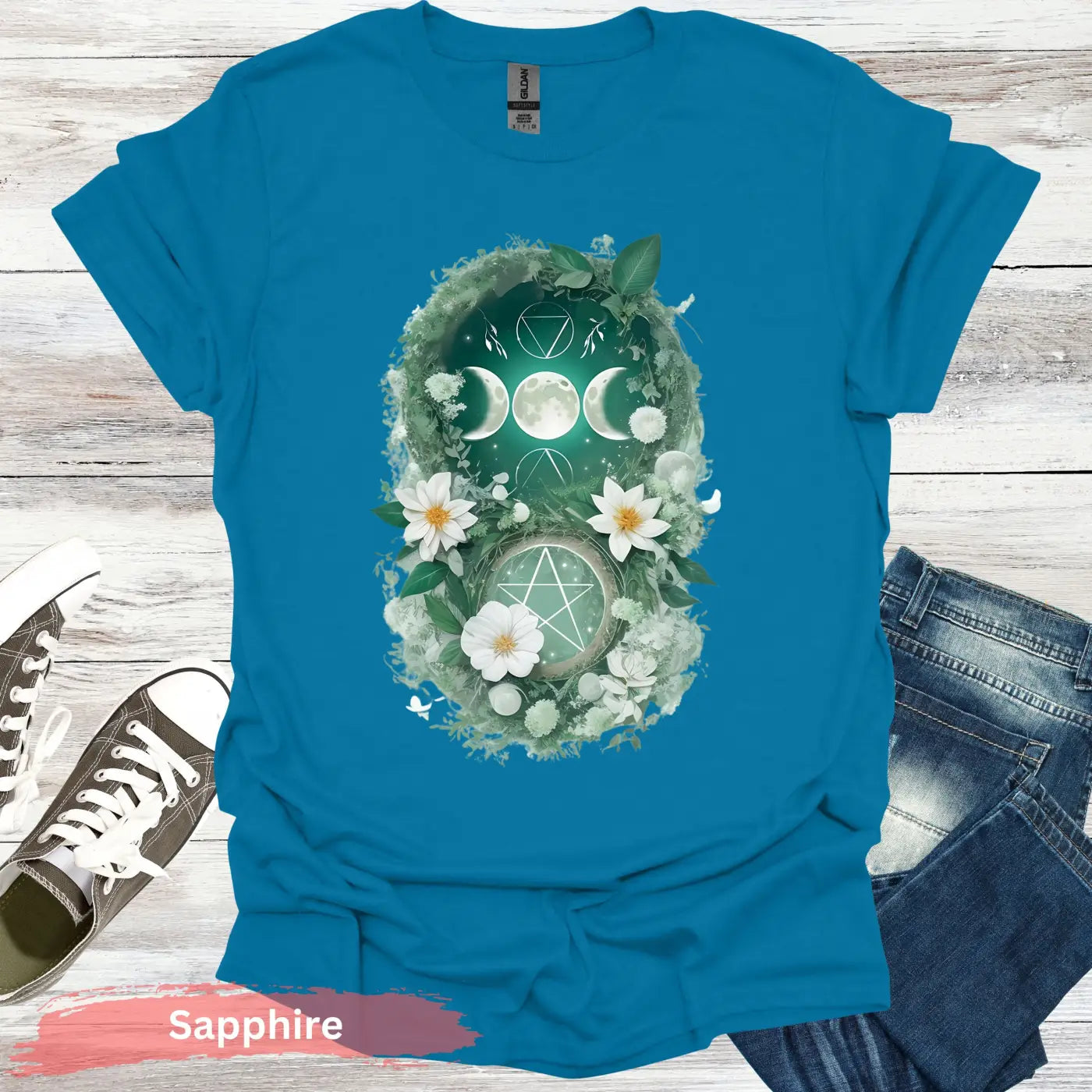 Blooming Moon and Stars Mystical T-Shirt - S / Sapphire - Physical Item