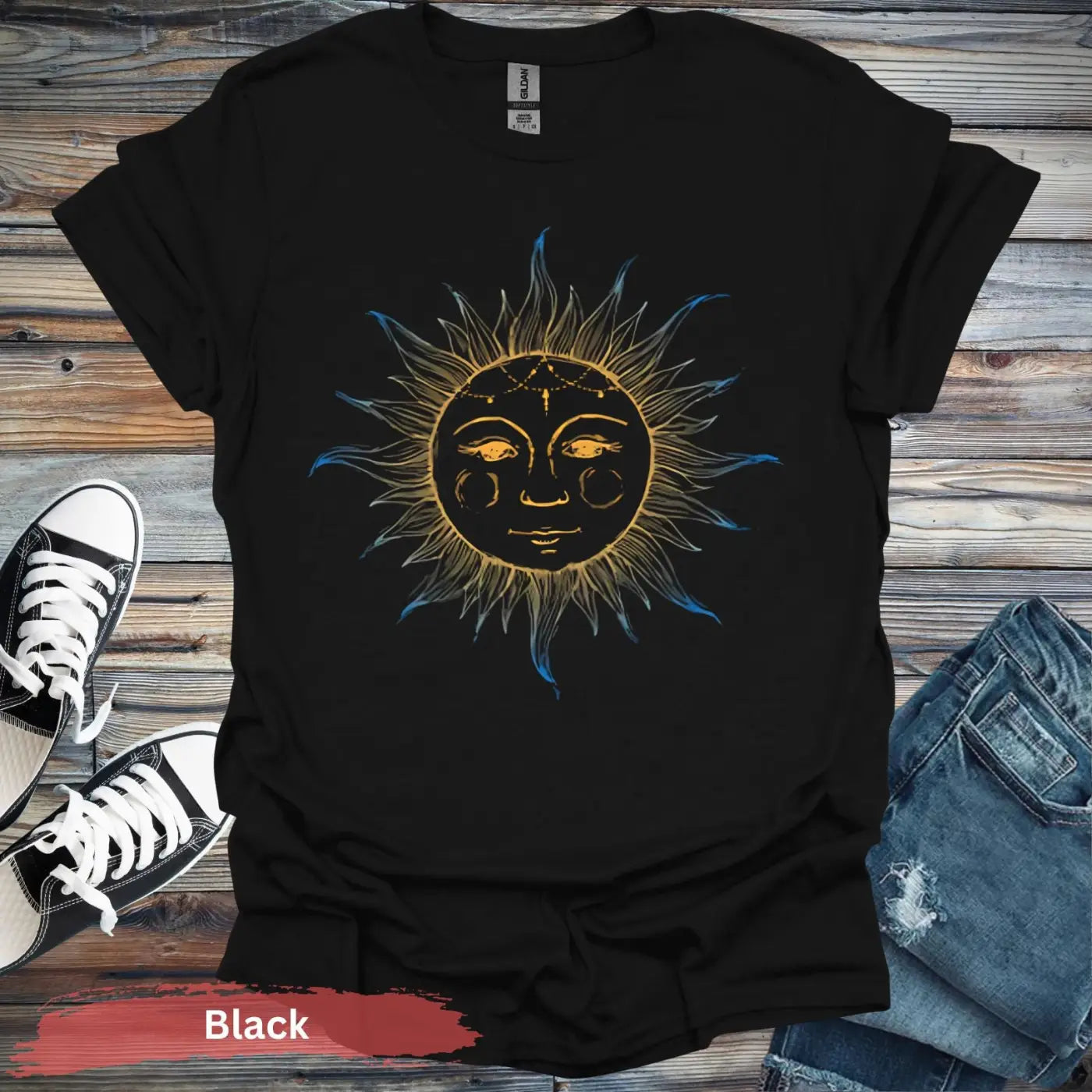 Blue and Yellow Sun T-shirt - S / Black - Physical Item