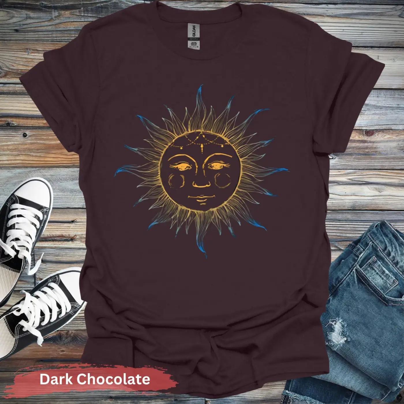 Blue and Yellow Sun T-shirt - S / Dark Chocolate - Physical Item