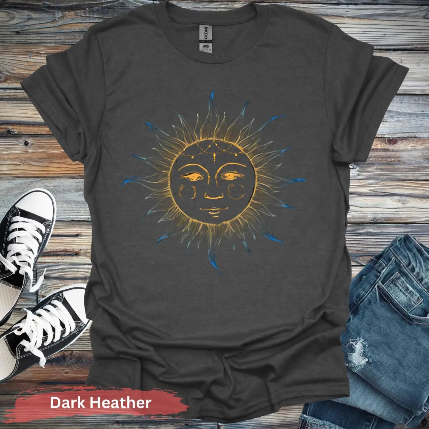 Blue and Yellow Sun T-shirt - S / Dark Heather - Physical Item