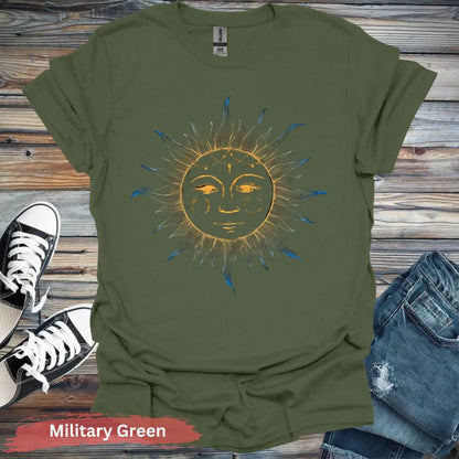 Blue and Yellow Sun T-shirt - S / Military Green - Physical Item