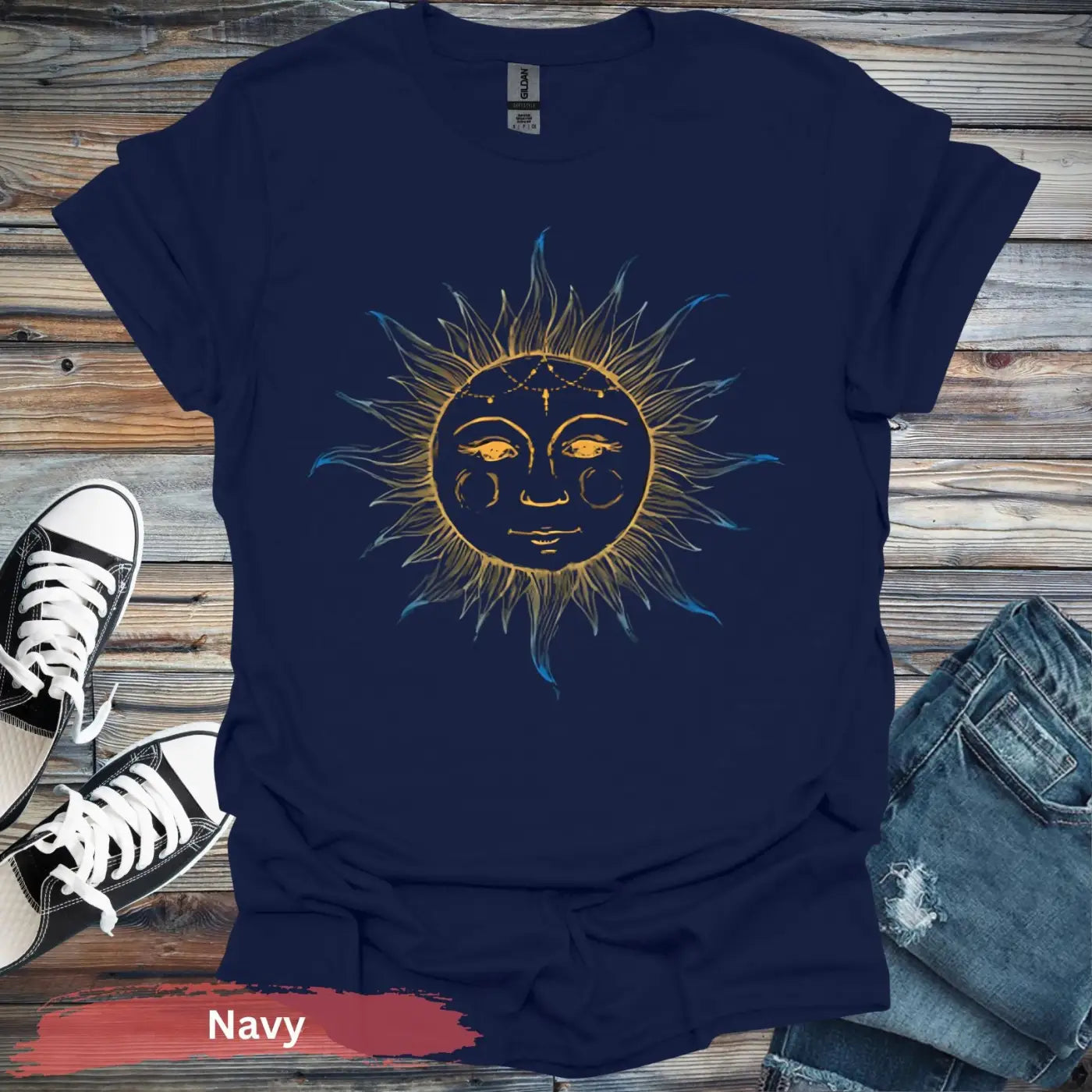 Blue and Yellow Sun T-shirt - S / Navy - Physical Item