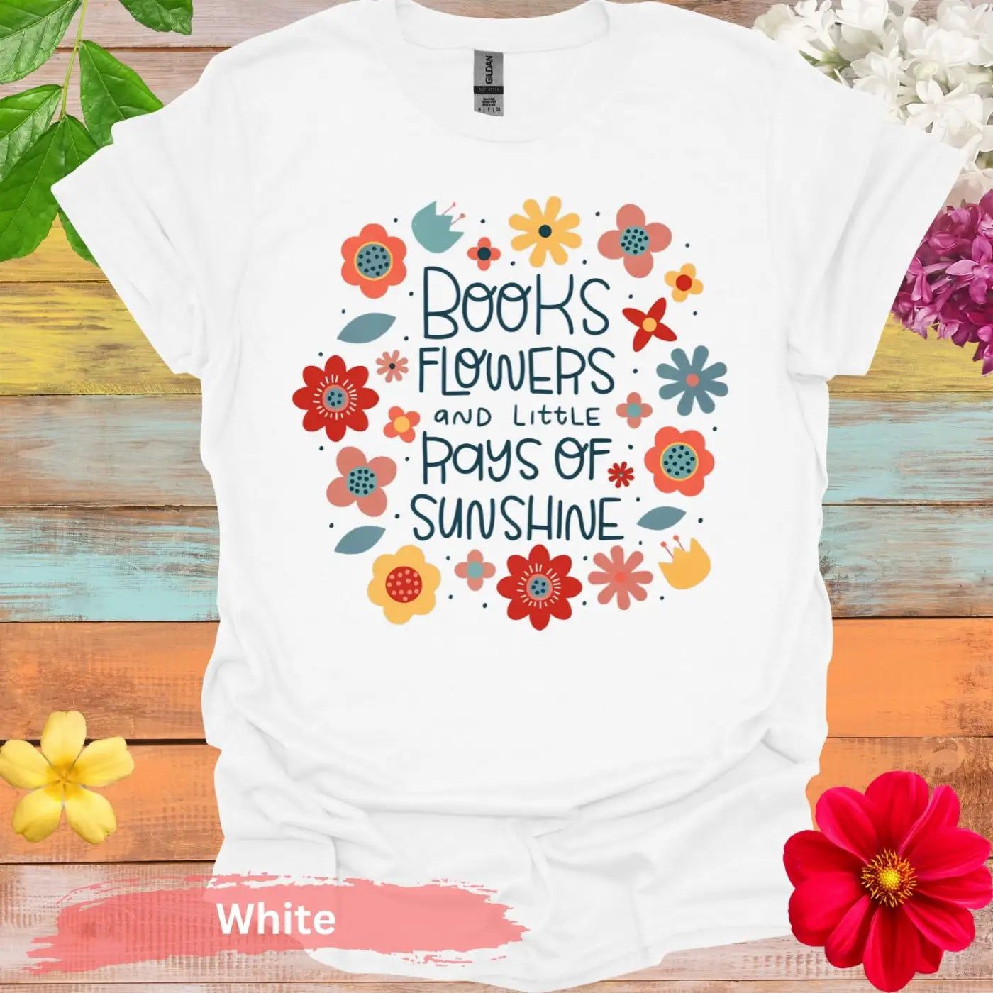 Books Flowers and Sunshine T-Shirt - S / White - Physical Item