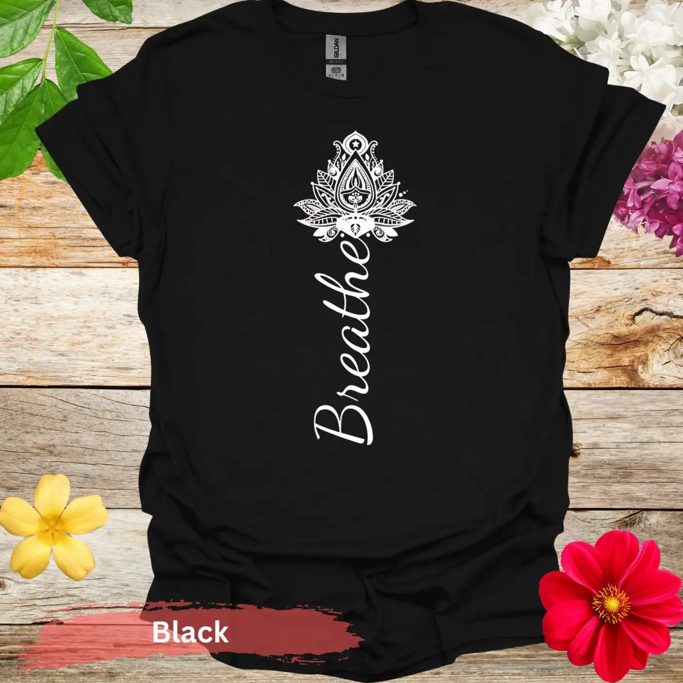 Breathe Mandala Lotus Flower Graphic T-Shirt - S / Black - Physical Item