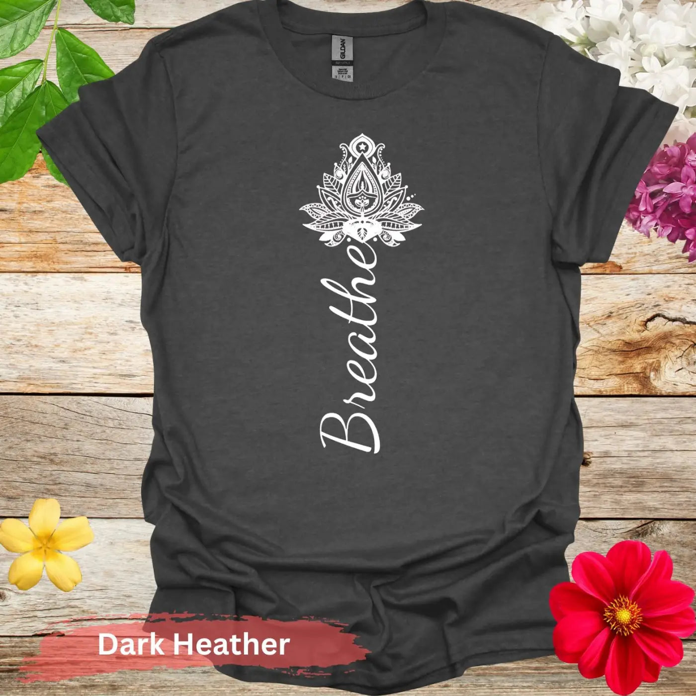 Breathe Mandala Lotus Flower Graphic T-Shirt - S / Dark Heather - Physical Item