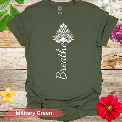 Breathe Mandala Lotus Flower Graphic T-Shirt - S / Military Green - Physical Item