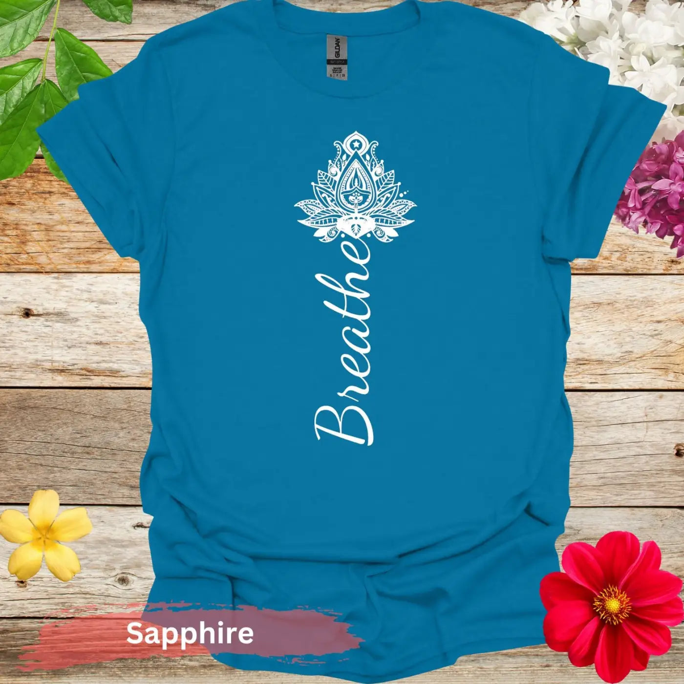 Breathe Mandala Lotus Flower Graphic T-Shirt - S / Sapphire - Physical Item