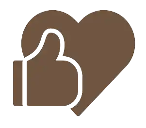 Brown heart icon with a thumbs-up symbol overlapping it.