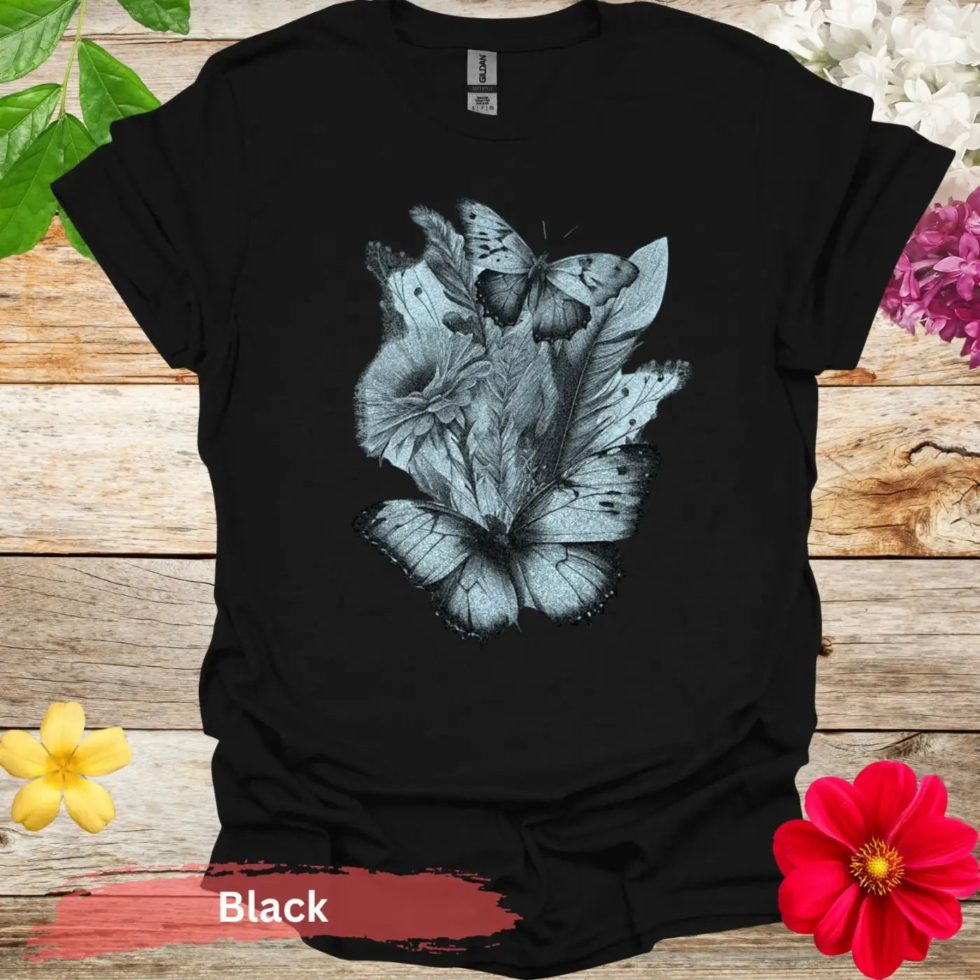 Butterfly Floral Graphic T-Shirt - S / Black - Physical Item