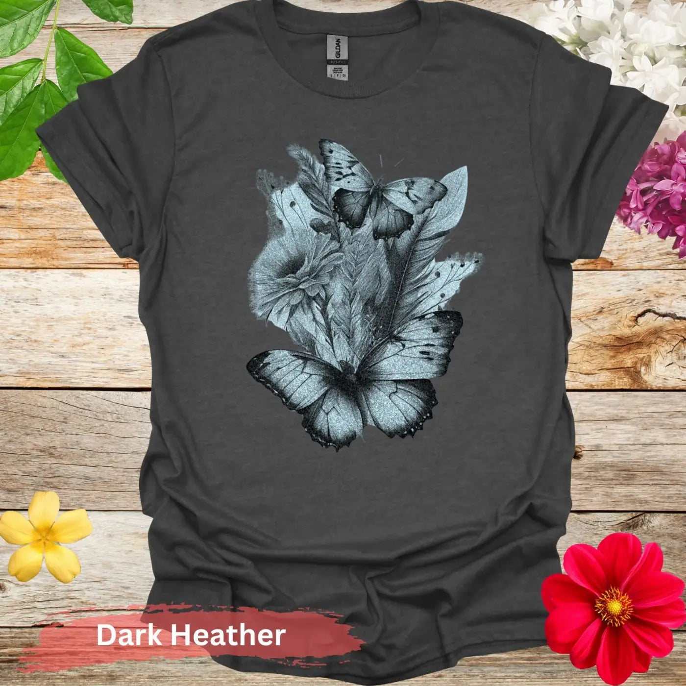 Butterfly Floral Graphic T-Shirt - S / Dark Heather - Physical Item