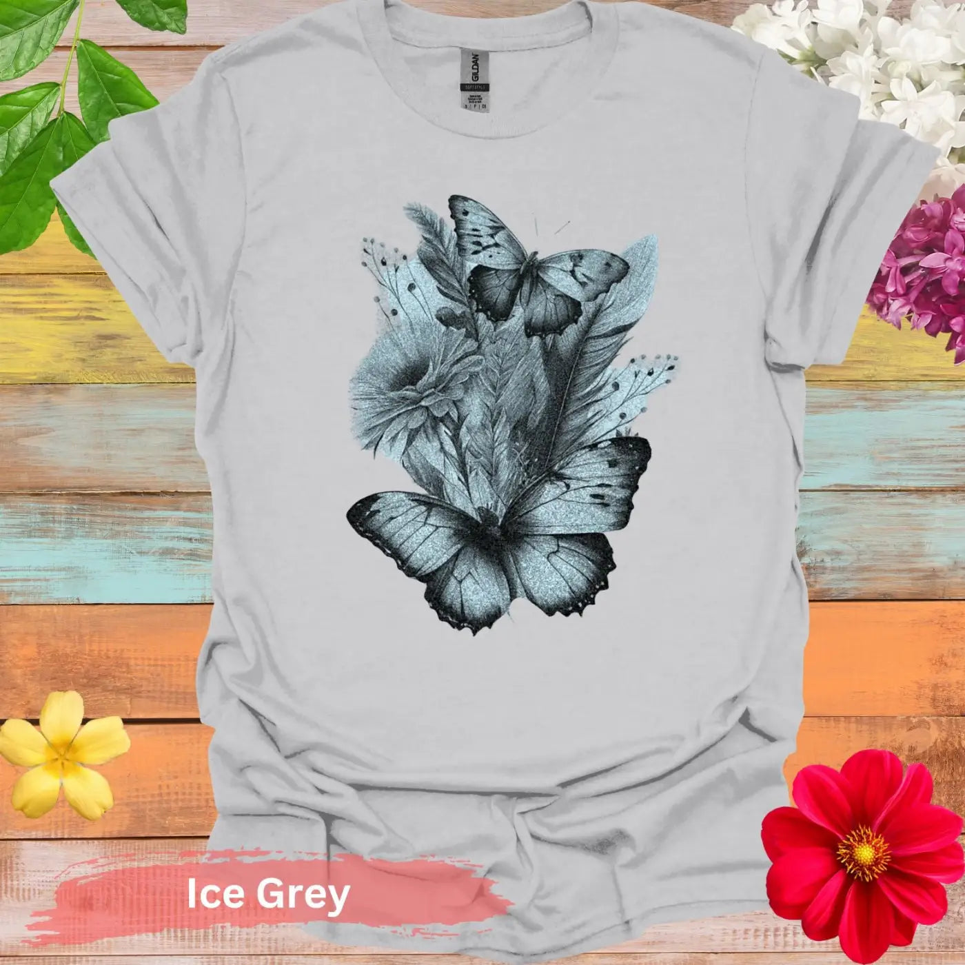 Butterfly Floral Graphic T-Shirt - S / Ice Grey - Physical Item