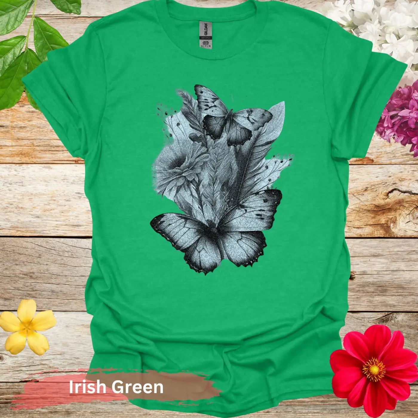 Butterfly Floral Graphic T-Shirt - S / Irish Green - Physical Item