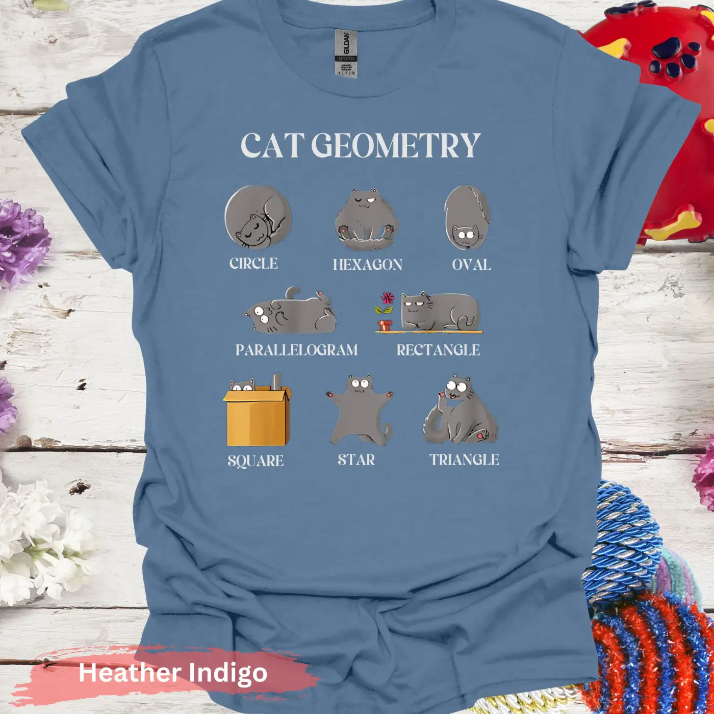 Cat Geometry Shapes T-shirt - S / Heather Indigo - Physical Item